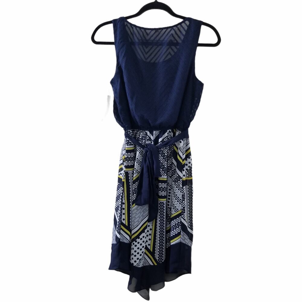 NWT AB Studio Navy Blue Yellow White Belt Sleeveless Knee Length Dress Small - Picture 5 of 7